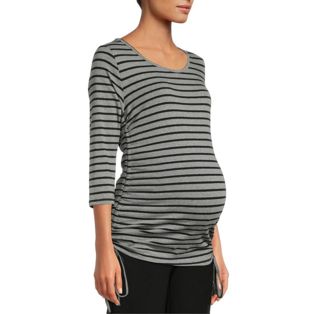 Oh Mamma! Heather Grey Black Striped 3/4 Sleeve Ruched Top with Ties NWT